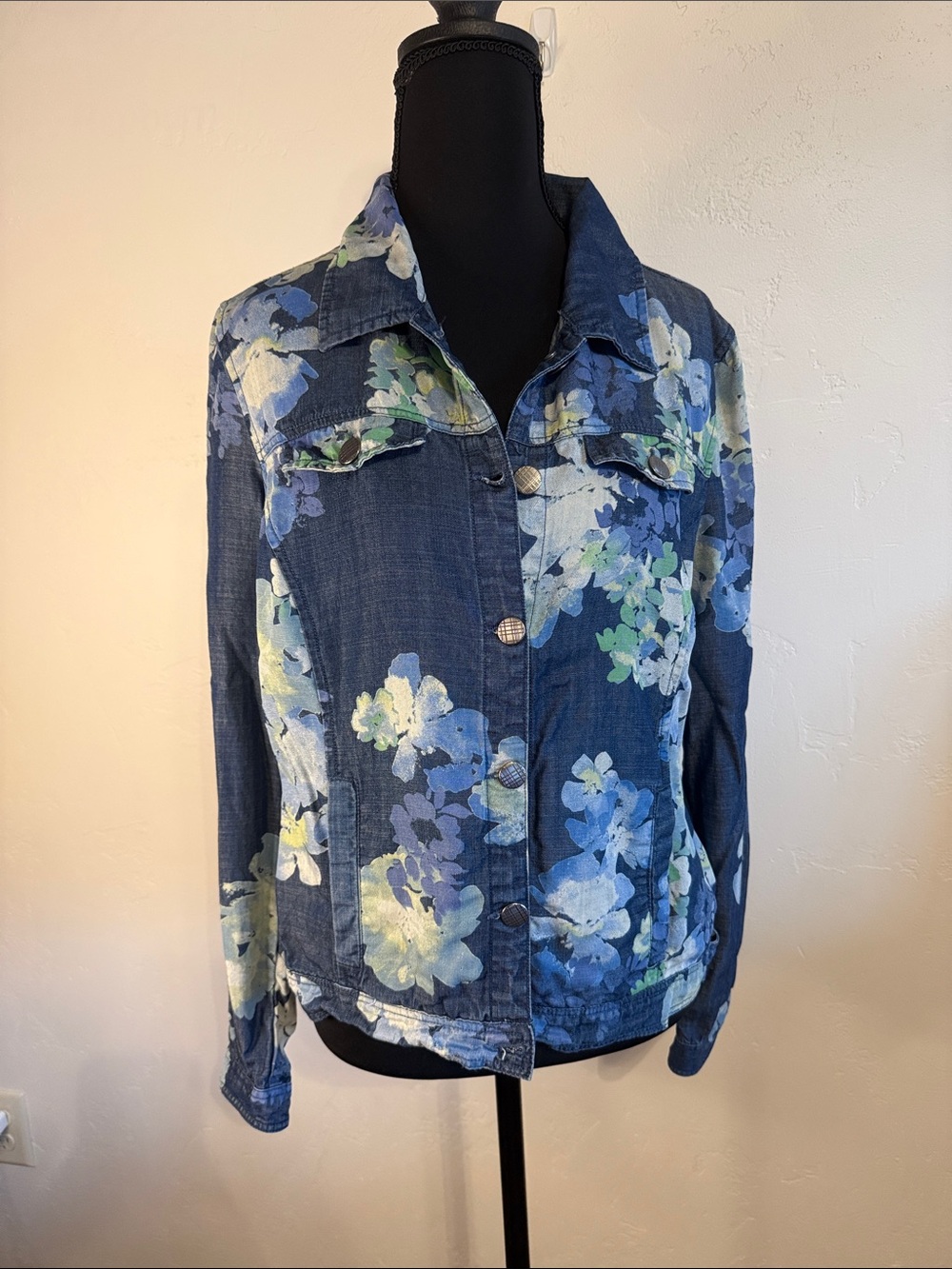 Tribal Blue Floral Denim Jacket with Green & White Accents